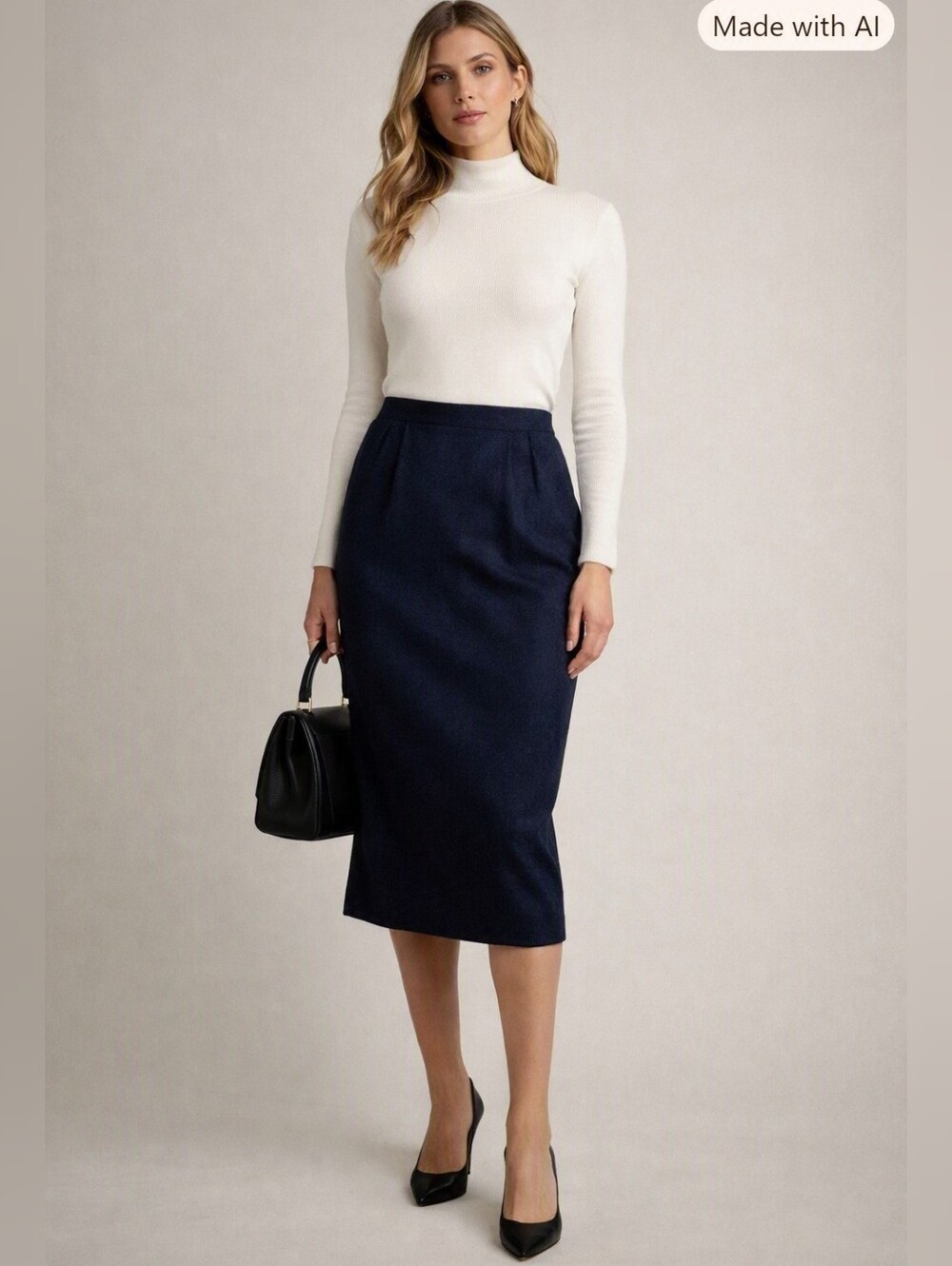 Perry Ellis Portfolio Black Wool Cashmere Classic Midi Pencil Skirt Size 14